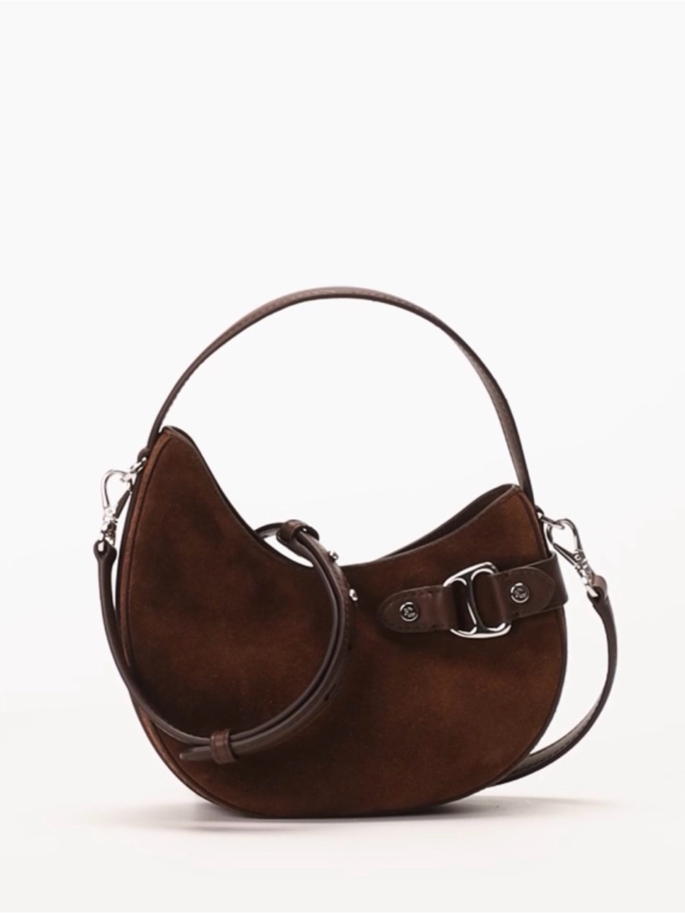 Lauren Ralph Lauren Brown Suede Crescent Shoulder Bag with Buckle Detail